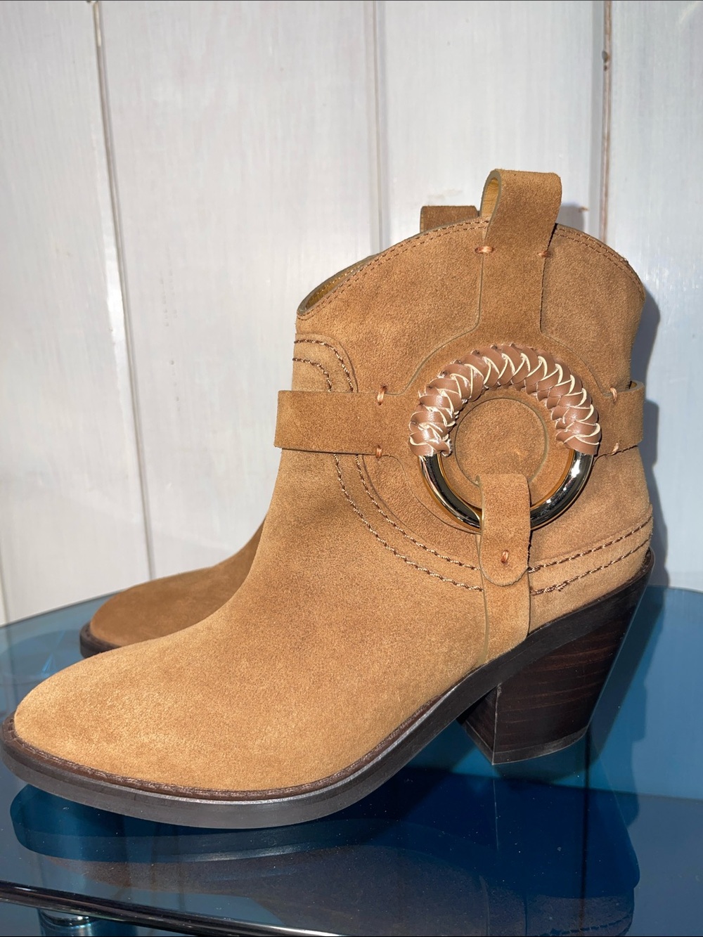 See By Chloe Chloé Hana Booties Brown Suede Ankle Booties Ring Detail NWOB 6